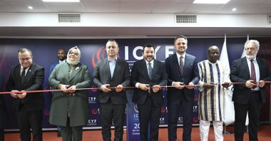 Anniversary of the Islamic Cooperation Youth Forum is celebrated with Deputy Minister of Youth and Sports Enes Eminoğlu (3rd R), ICYF President Taha Ayhan (C), Deputy Minister of Youth and Sports of Iran Ali Reza Rahimi (3rd L), Istanbul, Türkiye, Dec. 18, 2024. (AA Photo)

