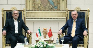 President Recep Tayyip Erdoğan meets with Iranian President Masoud Pezeshkian on the sidelines of D-8 summit in Cairo, Egypt, Dec. 19, 2024. (Turkish Presidential Press Office/Handout)