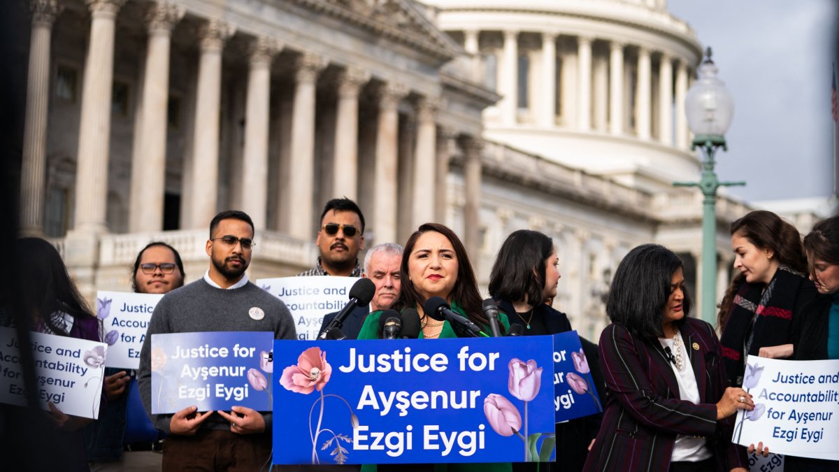 U.S. Representative Delia Ramirez, Democrat from Illinois, speaks at a news conference on the death of Ayşenur Ezgi Eygi outside the U.S. Capitol in Washington, D.C., U.S., Dec. 17, 2024. (AFP Photo)