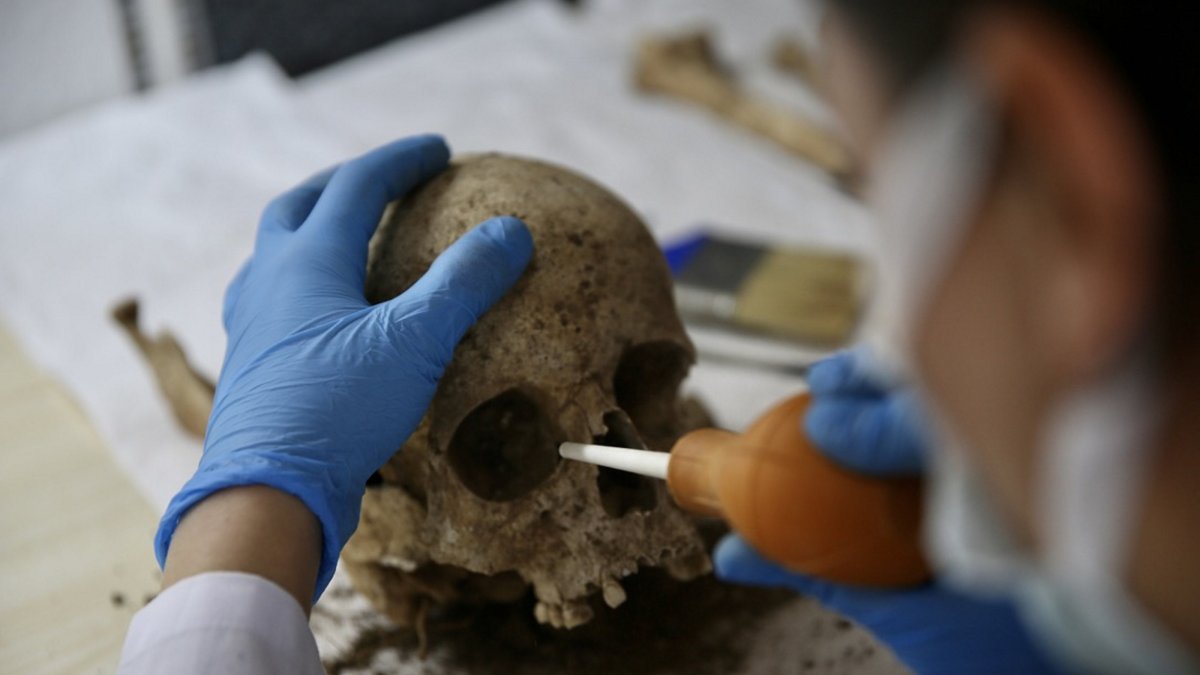 An expert examines the skeleton discovered in the excavations at Fethiye Castle in Muğla, Türkiye, Dec. 12, 2024. (AA Photo)