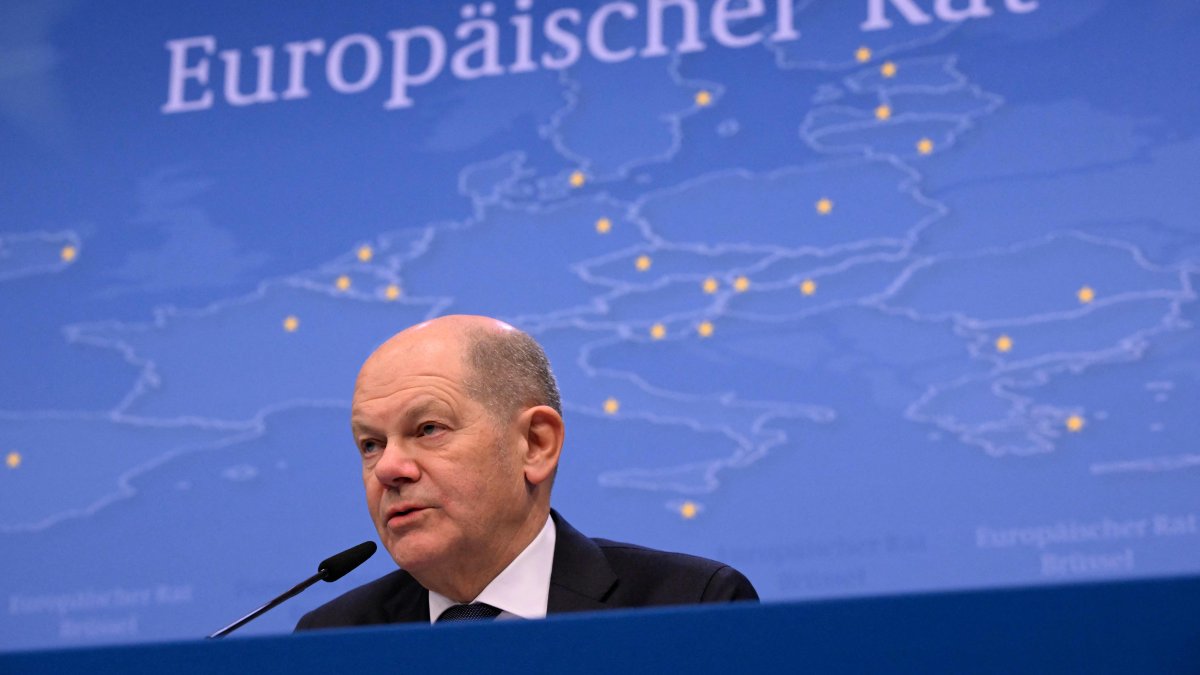 German Chancellor Olad Scholz speaks in a press conference during the European Council meeting at the EU headquarters in Brussels, Dec.19, 2024. (AFP Photo)