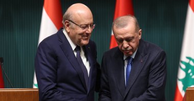 Lebanese Prime Minister Najib Mikati (L) and President Recep Tayyip Erdoğan (R) attend a press conference after their meeting at the Presidential Complex in Ankara, Türkiye, Dec. 18, 2024. (EPA Photo)
