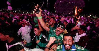 Fans celebrate as Saudi Arabia is announced as the host nation for the FIFA World Cup 2034, Riyadh, Saudi Arabia, Dec. 11, 2024. (Reuters Photo)