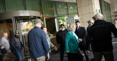 A delegation of U.S. diplomats, including Assistant Secretary of State for Near Eastern Affairs Barbara Leaf (C), leaves a hotel, Damascus, Syria, Dec. 20, 2024. (EPA Photo)