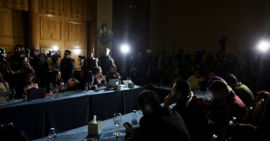 Members of the media react during a power cut ahead of the news conference of U.S. Assistant Secretary of State for Near Eastern Affairs Barbara Leaf, in Damascus, Syria, Dec. 20, 2024. (Reuters Photo)