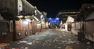 A view of the cordoned-off Christmas market after an incident in Magdeburg, Germany, Friday Dec. 20, 2024. (Heiko Rebsch/dpa via AP)