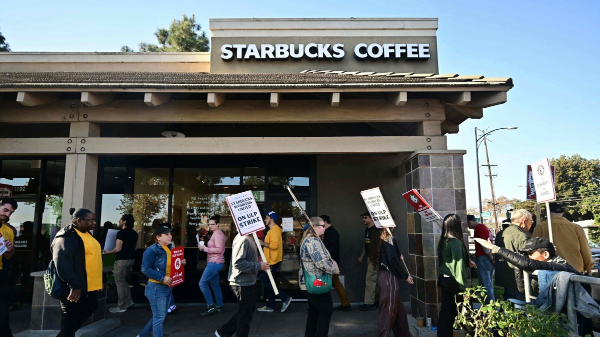 Starbucks workers hold signs as they picket during a strike in front of a Starbucks to demand collective bargaining agreements, Burbank, California, U.S., Dec. 20, 2024. (AFP Photo)