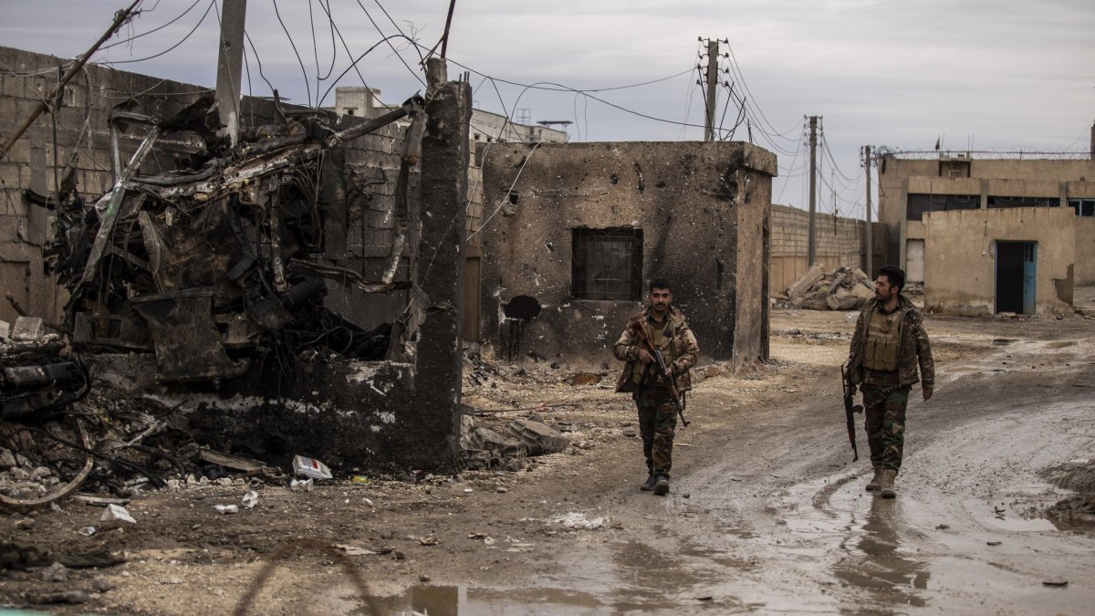 PKK/YPG terrorists patrol in Hassakeh, Syria, Feb. 8, 2022. (AP Photo)
