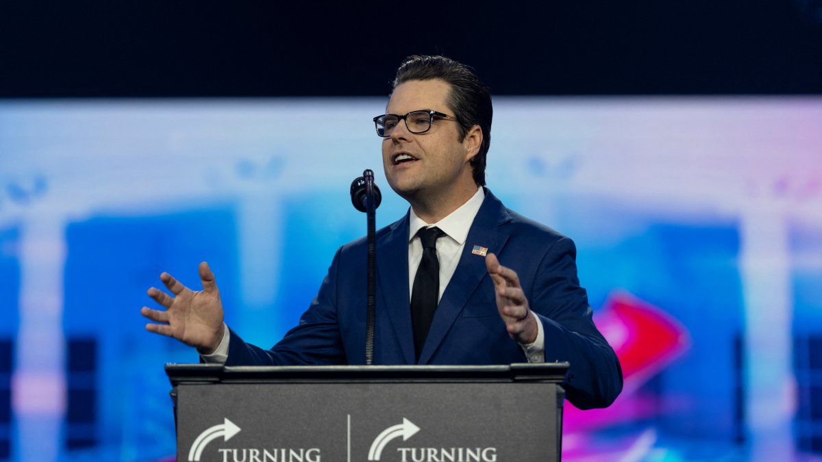 Former U.S. Representative Matt Gaetz (R-FL) speaks ahead of a visit by U.S. President-elect Donald Trump during the AmericaFest 2024 conference sponsored by conservative group Turning Point in Phoenix, Arizona, U.S. Dec. 22, 2024. (Reuters Photo)