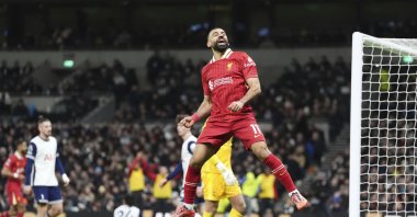 Liverpool&#039;s Mohamed Salah celebrates scoring his side&#039;s fifth goal during the English Premier League match at the Tottenham Hotspur Stadium, London, U.K., Dec. 22, 2024. (AP Photo)