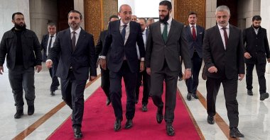 Jordan&#039;s Foreign Minister Ayman Safadi (L) meets with Syria&#039;s de facto new ruler Ahmed al-Sharaa in Damascus, Syria, Dec. 23, 2024. (Reuters Photo)