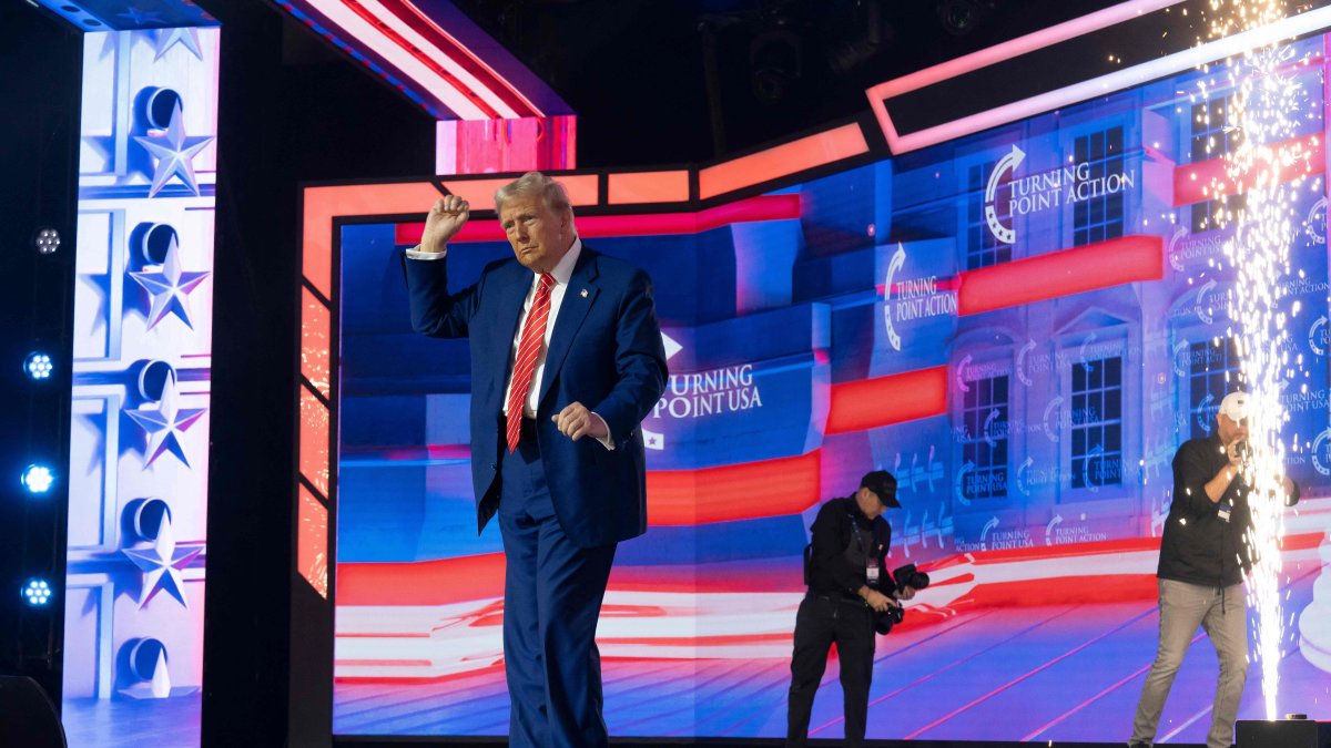 U.S. President-elect Donald Trump leaves the stage during Turning Point U.S.&#039; AmericaFest at the Phoenix Convention Center in Phoenix, Arizona, U.S., Dec. 22, 2024. (AFP Photo)