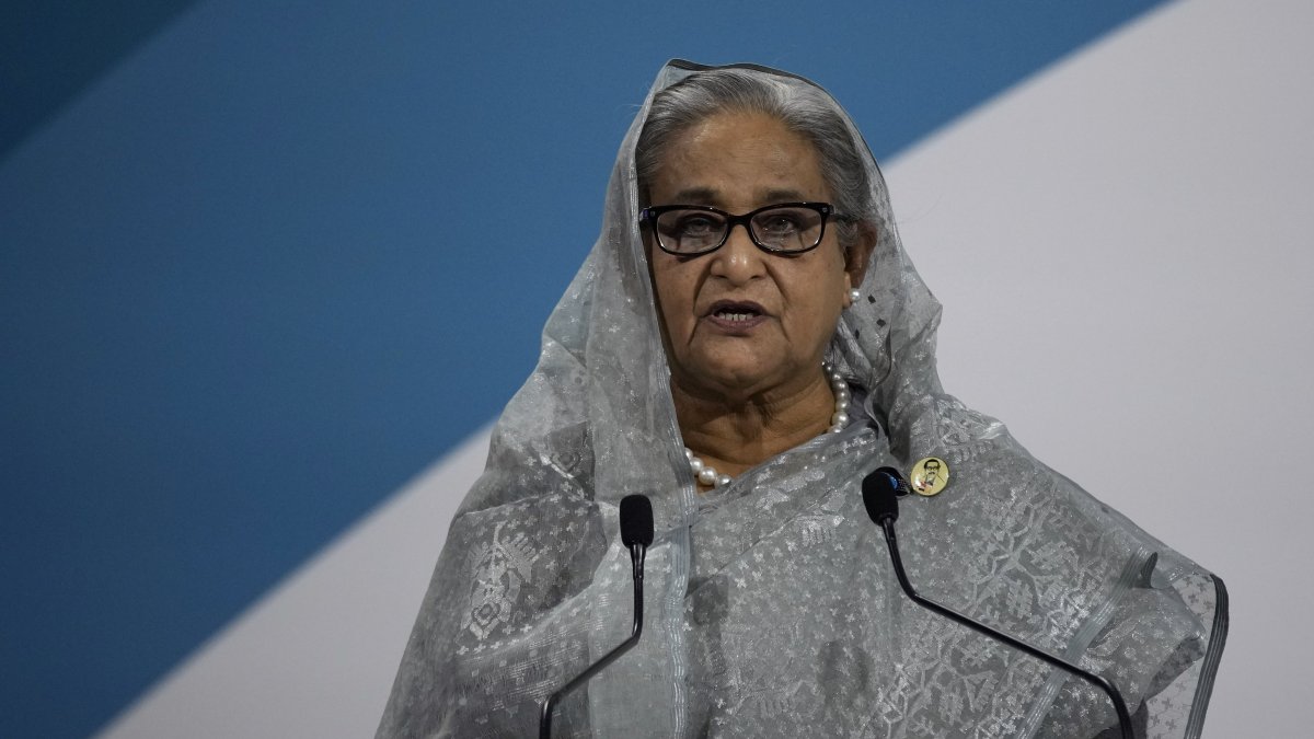 Then-Bangladeshi Prime Minister Sheikh Hasina speaks at the Paris Peace Forum, Paris, France, Nov. 11, 2021. (AP Photo)