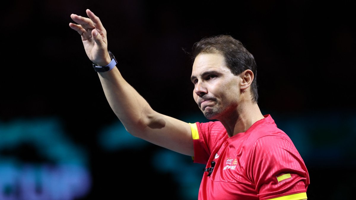 Spain&#039;s Rafael Nadal waves during a tribute to his career at the end of the quarterfinal doubles match between Netherlands and Spain during the Davis Cup Finals at the Palacio de Deportes Jose Maria Martin Carpena arena, Malaga, Spain, Nov. 19, 2024. (AFP Photo)