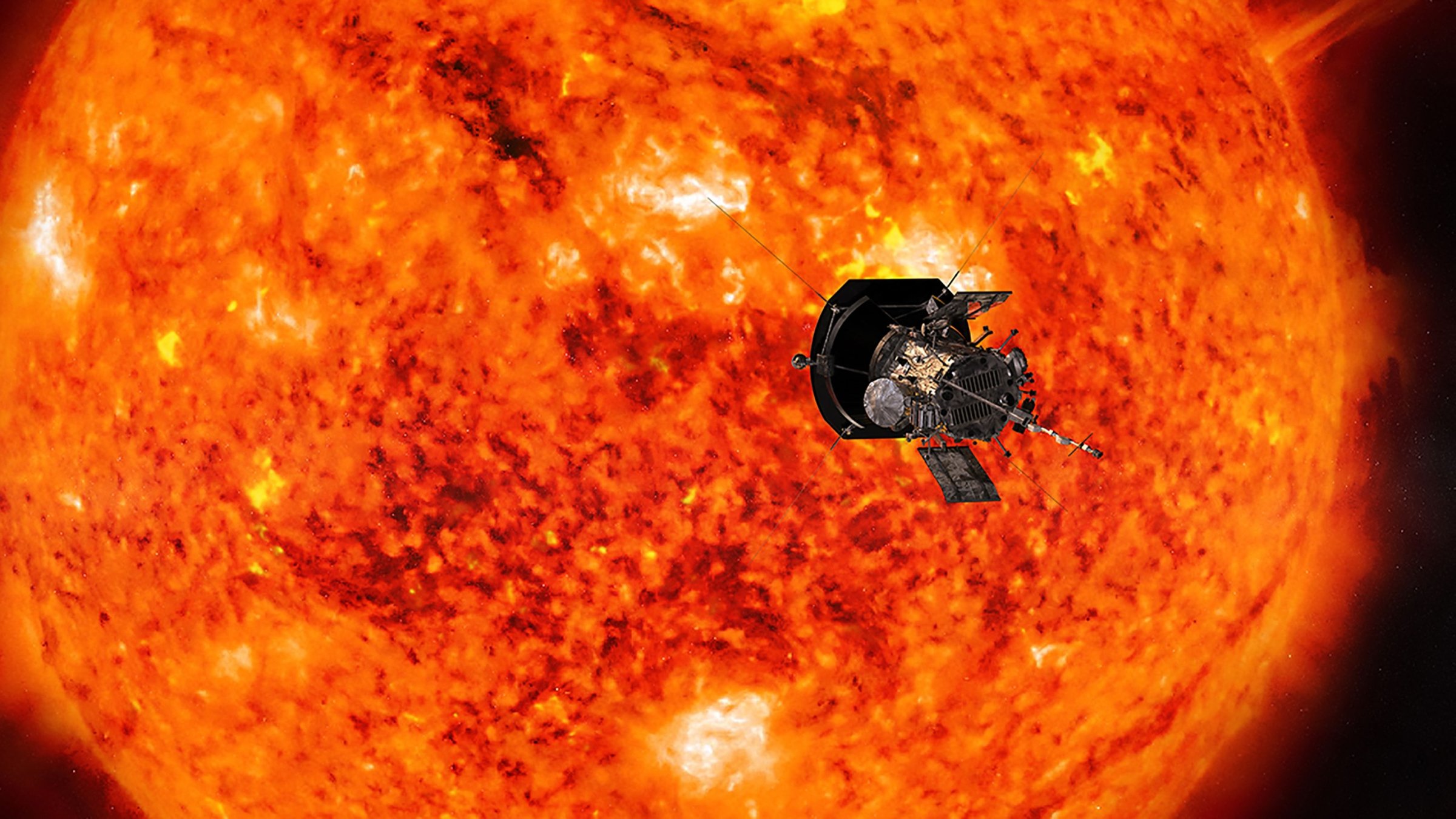 This handout illustration obtained July 6, 2018 courtesy of NASA/Johns Hopkins APL shows an artist’s conception of NASA’s Parker Solar Probe, the spacecraft that will fly through the Sun’s corona to trace how energy and heat move through the star’s atmosphere. (AFP Photo via Johns Hopkins)