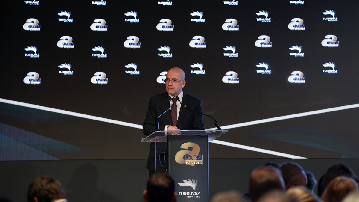 Treasury and Finance Minister Mehmet Şimşek speaks at the 4th Future of Finance Summit, organized by Daily Sabah’s parent company, Turkuvaz Media Group in Istanbul, Dec. 24, 2024. (AA Photo)