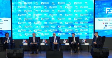 From left, Alpaslan Çakar, general manager of Ziraat Bank and the chair of the Banks Association of Türkiye (TBB), Vakıfbank CEO Abdi Serdar Üstünsalih, Halkbank CEO Osman Arslan, Akbank CEO Kaan Gür and Garanti BBVA CEO Mahmut Akten attend the 4th Future of Finance Summit, in Istanbul, Türkiye, Dec. 24, 2024. (AA Photo)