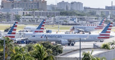 American Airlines planes wait on the tarmac during a global technical outage at Miami International Airport in Miami, Florida, July 19, 2024. (EPA Photo)
