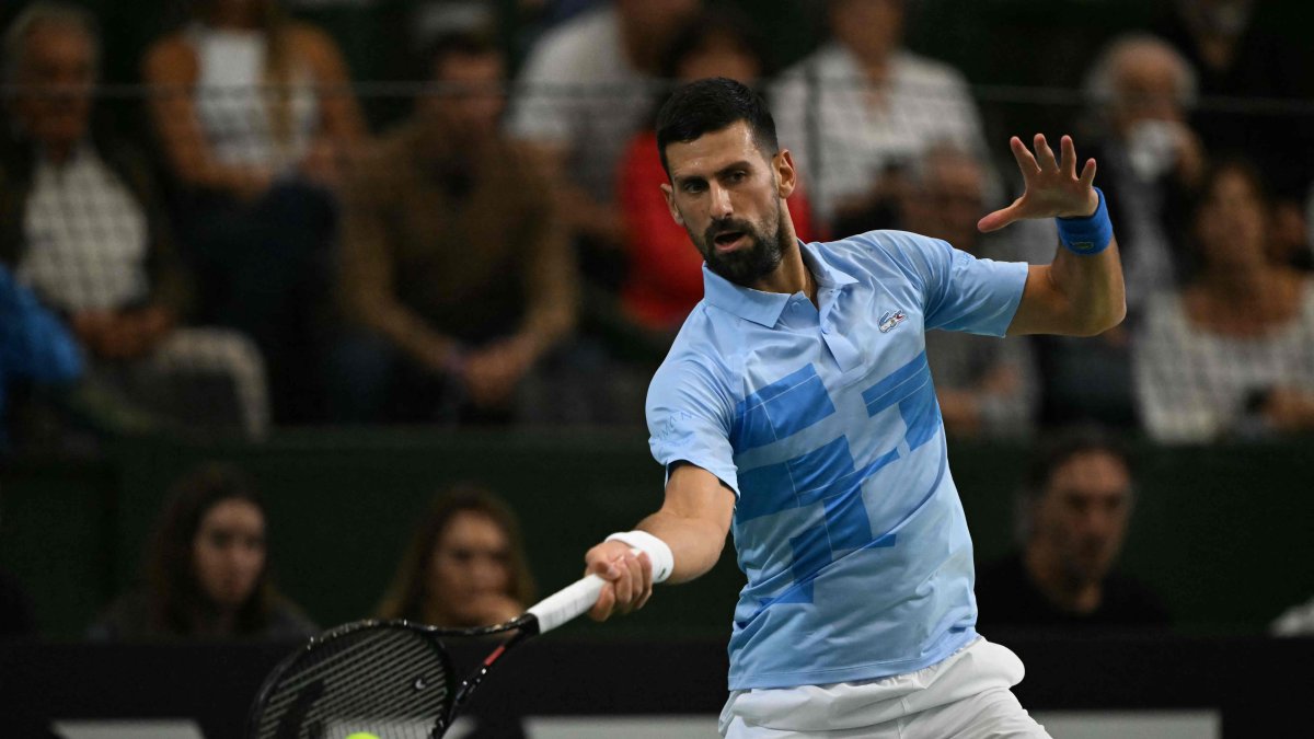 Serbia&#039;s Novak Djokovic returns the ball during Argentina&#039;s Juan Manuel del Potro&#039;s farewell exhibition tennis match at Arena Parque Roca, Buenos Aires, Argentina, Dec. 1, 2024. (AFP Photo)