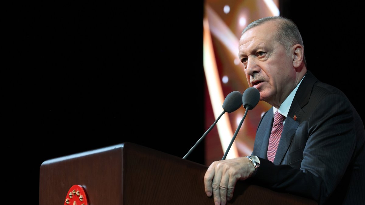 President Recep Tayyip Erdoğan speaks at the Presidency&#039;s Culture and Arts Awards Ceremony in Ankara, Dec. 25, 2024. (AA Photo)