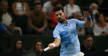 Serbia&#039;s Novak Djokovic returns the ball during Argentina&#039;s Juan Manuel del Potro&#039;s farewell exhibition tennis match at Arena Parque Roca, Buenos Aires, Argentina, Dec. 1, 2024. (AFP Photo)