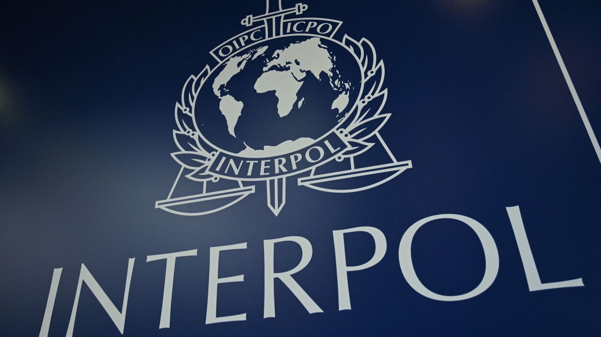 This file photo shows the logo of Interpol during the 89th Interpol General Assembly, Istanbul, Türkiye, Nov. 23, 2021. (AFP Photo)