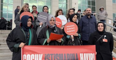 The legal committee of the Women and Democracy Association (KADEM) team speaks outside the court for the trial, Tekirdağ, Türkiye, Dec. 26, 2024. (AA Photo)