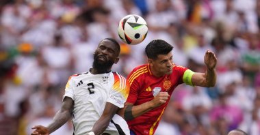 Germany&#039;s Antonio Ruediger (L) challenges Spain&#039;s Alvaro Morata during a quarterfinal match at the Euro 2024 tournament, Stuttgart, Germany, July 5, 2024. (AP Photo)