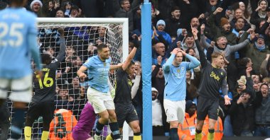 Manchester City's Erling Haaland (2-R) reacts after missing a penalty kick during the English Premier League football match between Manchester City and Everton, in Manchester, Britain, Dec. 26, 2024. (EPA Photo)