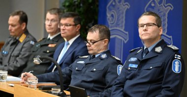 Director Robin Lardot of the National Bureau of Investigation of Finland (NBI) and Finnish National Police Commissioner Ilkka Koskimaki attend a news conference amid an investigation of the electricity transmission between Finland and Estonia through the Estlink 2 connection, which was cut on Christmas Day, in Helsinki, Finland, Dec. 26, 2024. (Reuters Photo)