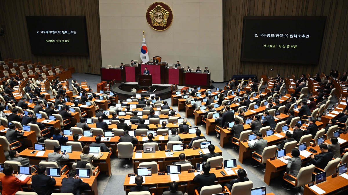 South Korean National Assembly Speaker Woo Won-shik bangs the gavel to initiate the plenary session for the impeachment vote of acting president Han Duck-soo at the National Assembly, Seoul, South Korea, Dec. 27, 2024. (AFP Photo)