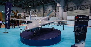 The TB2 drone of Baykar is seen at a stand during the SAHA EXPO Defense & Aerospace Exhibition, Istanbul, Türkiye, Nov. 10, 2021. (Reuters Photo)