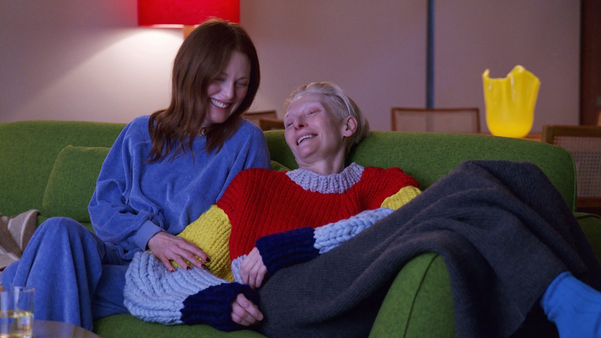 This image released by Sony Pictures Classics shows Julianne Moore (L) and Tilda Swinton in a scene from &quot;The Room Next Door.&quot; (AP Photo)