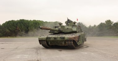 A front view of Türkiye's Altay tank in an undisclosed location, April 2023. (IHA Photo)