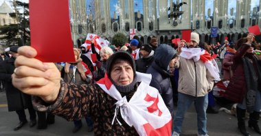 People attend a rally ahead of Georgian President-elect Mikheil Kavelashvili&#039;s inauguration in Tbilisi, Georgia, Dec. 29, 2024. (AFP Photo)