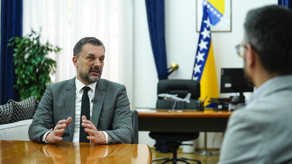 Bosnian Foreign Minister Elmedin Konakovic speaks to Anadolu Agency (AA) at his office in Sarajevo, Bosnia-Herzergovina, Dec. 26, 2024. (AA Photo)