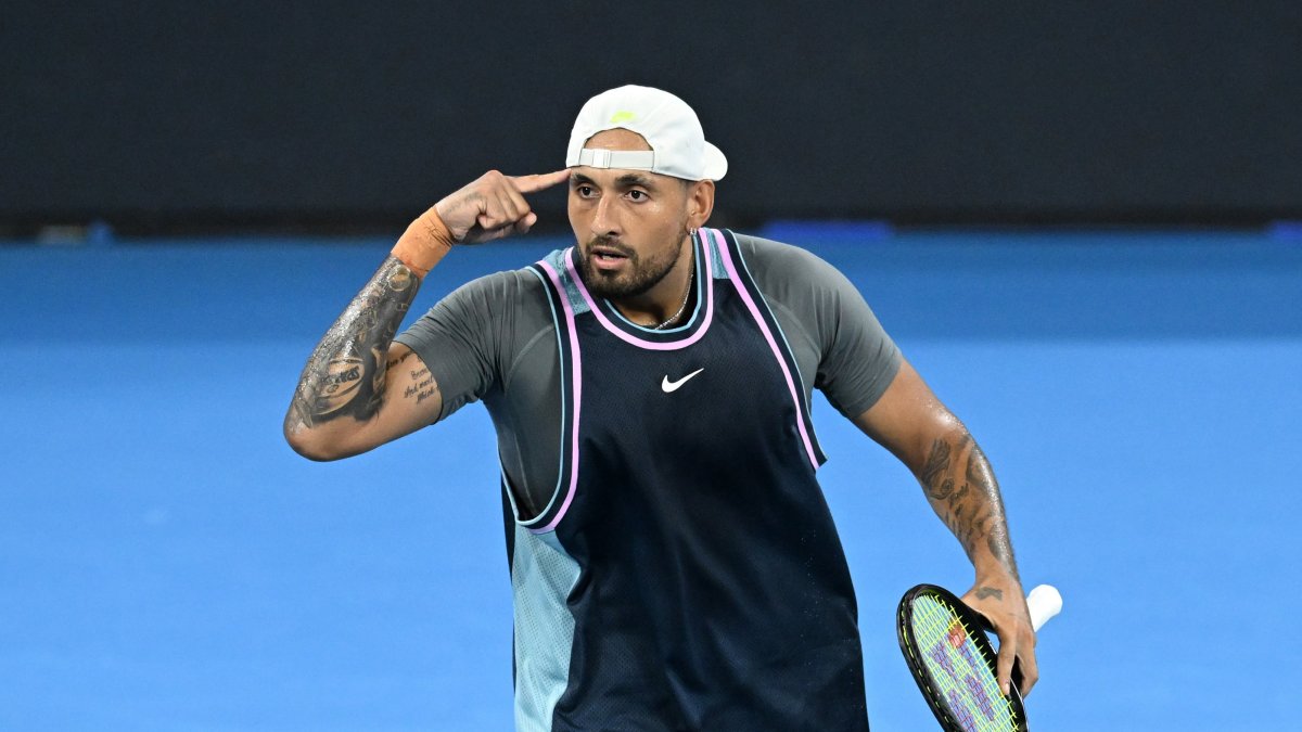 Australia&#039;s Nick Kyrgios reacts during his doubles match with Serbia&#039;s Novak Djokovic against Alexander Erler of Austria and Andreas Mies of Germany at the Brisbane International, Brisbane, Australia, Dec. 30, 2024. (EPA Photo)