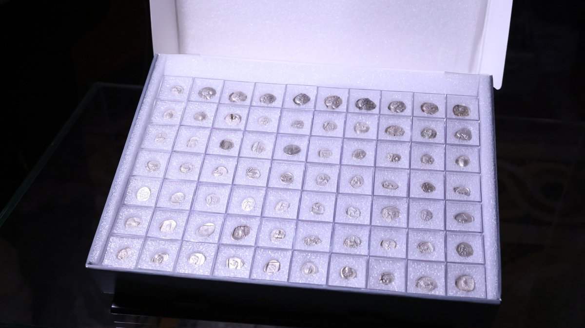 Ancient Lydian coins displayed in Athens for repatriation to Türkiye, Athens, Greece, Dec. 19, 2024. (AA Photo)