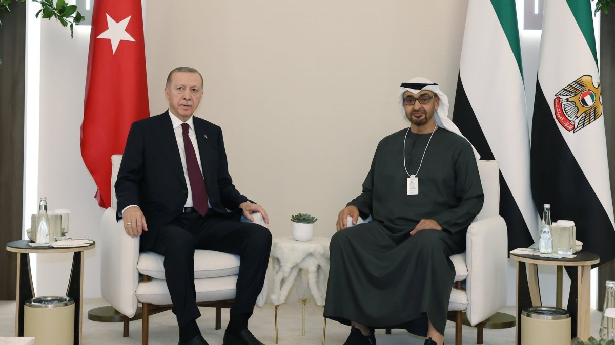 President Recep Tayyip Erdoğan (L) meets his Emirati counterpart Sheikh Mohammed bin Zayed Al Nahyan on the sidelines of the World Governments Summit in Dubai, United Arab Emirates (UAE), Feb. 13, 2024. (AA Photo)