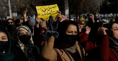 Afghan women chant slogans in protest against the closure of universities to women by the Taliban in Kabul, Afghanistan, Dec. 22, 2022. (Reuters Photo)