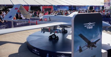 Bayraktar TB2, a medium altitude long-range unmanned combat aerial vehicle (UCAV) developed by Baykar, is exhibited at Türkiye's premier aviation and defense event, Teknofest, Ankara, Türkiye, Aug. 30, 2023. (Reuters Photo)