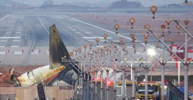 The wreckage of the Jeju Air aircraft that went off the runway and crashed lies at Muan International Airport, Muan, South Korea, Dec. 30, 2024. (Reuters Photo)