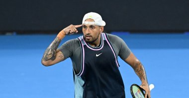 Australia's Nick Kyrgios reacts during his doubles match with Serbia's Novak Djokovic against Alexander Erler of Austria and Andreas Mies of Germany at the Brisbane International, Brisbane, Australia, Dec. 30, 2024. (EPA Photo)