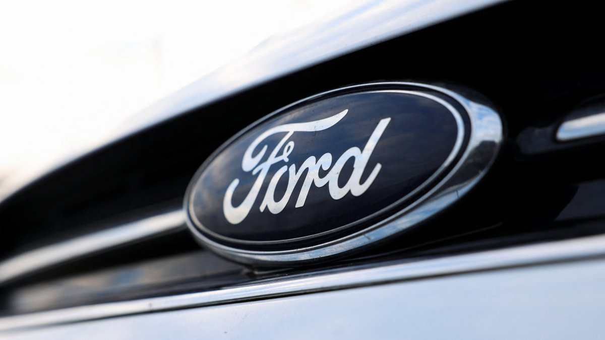 The logo of Ford is pictured on a car at the Ford Halewood transmissions plant, Liverpool, U.K., Dec. 3, 2024. (Reuters Photo)