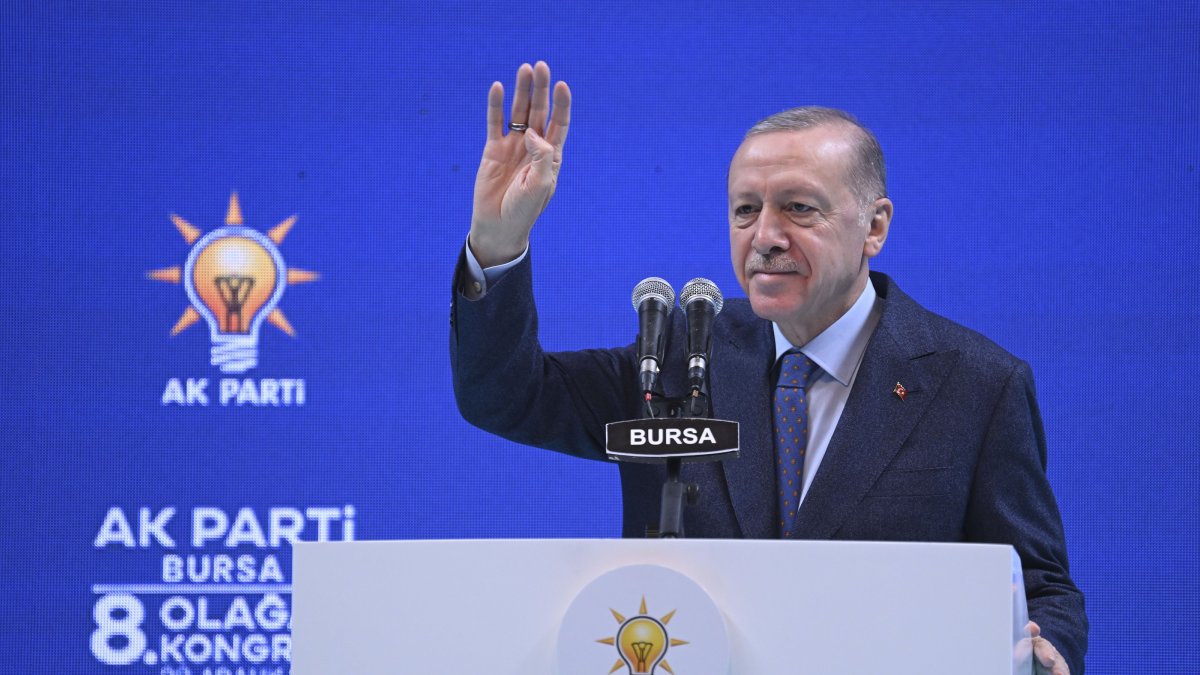 President Recep Tayyip Erdoğan speaks at his ruling party&#039;s provincial congress meeting, in northwestern Bursa province, Türkiye, Dec. 28, 2024. (AA Photo)