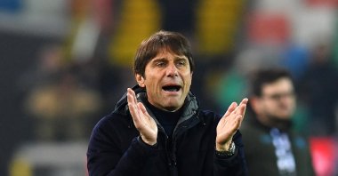Napoli coach Antonio Conte celebrates after the Serie A match against Udinese at Bluenergy Stadium, Udine, Italy, Dec. 14, 2024. (Reuters Photo)