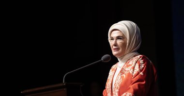 First lady Emine Erdoğan speaks at the launch of the &quot;Anadoludakiler Project&quot; documentary at the Presidential National Library, Ankara, Türkiye, Dec. 17, 2024. (AA Photo)
