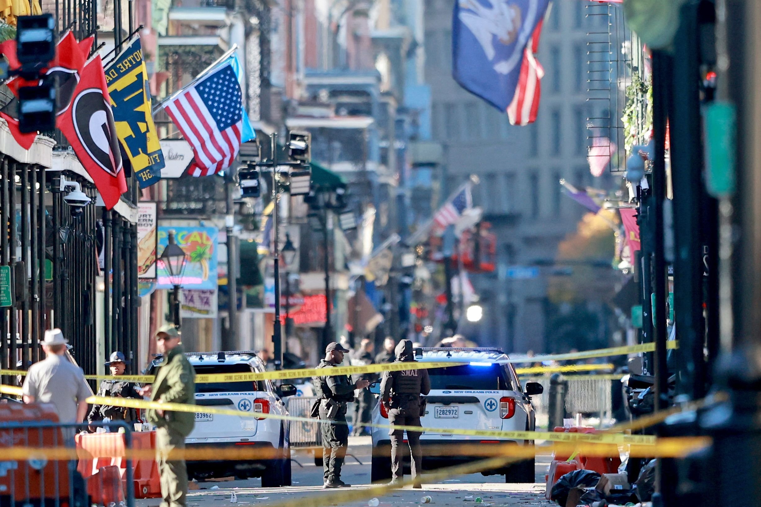 Law enforcement officers from multiple agencies work the scene on Bourbon Street after at least 10 people were killed when a person allegedly drove into the crowd in the early morning hours of New Year's Day, Louisiana, U.S., Jan. 1, 2025. (AFP Photo)