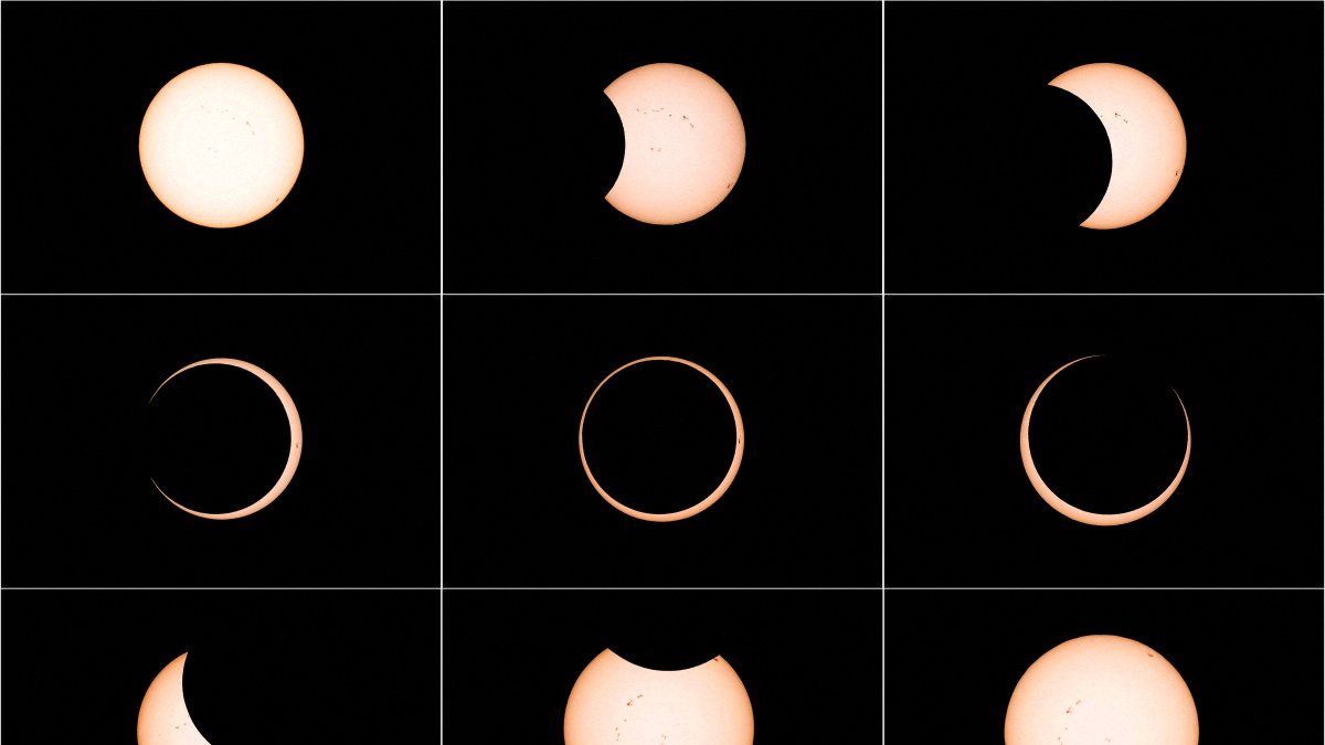 A combination picture shows an annular solar eclipse observed from the Tahai archaeological monument area in the Rapa Nui National Park, Easter Island, Chile, Oct. 2, 2024. (Reuters File Photo)