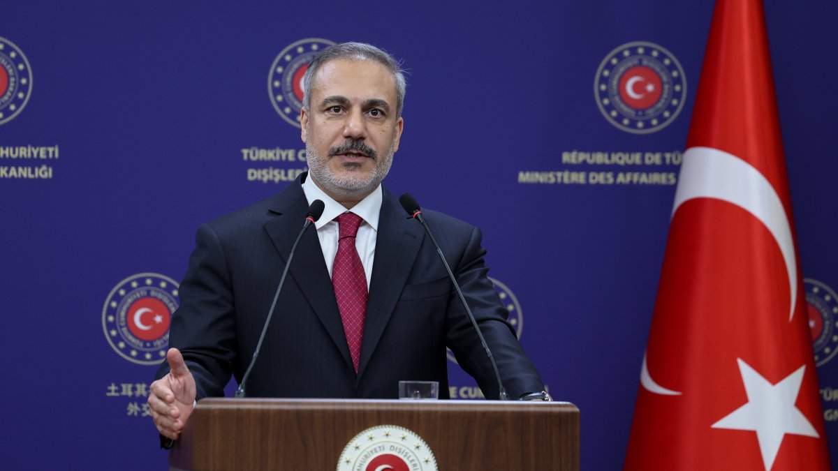 Foreign Minister Hakan Fidan speaks in a joint news conference with his Belgian counterpart Bernard Quintin (not pictured) in Ankara, Jan. 2, 2024. (AA Photo) 